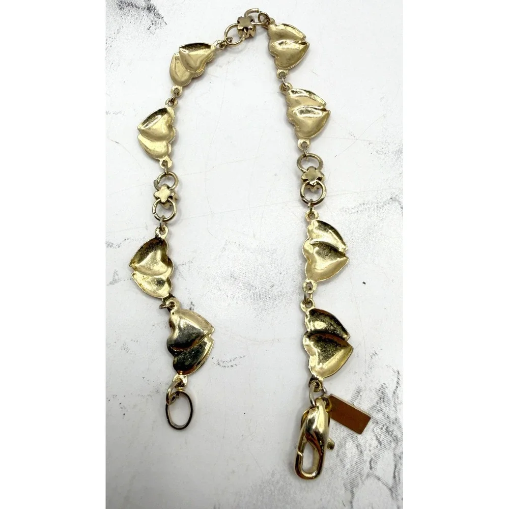 Gold Tone‎ Double Heart Bracelet Rhinestone Made Korea 7.5